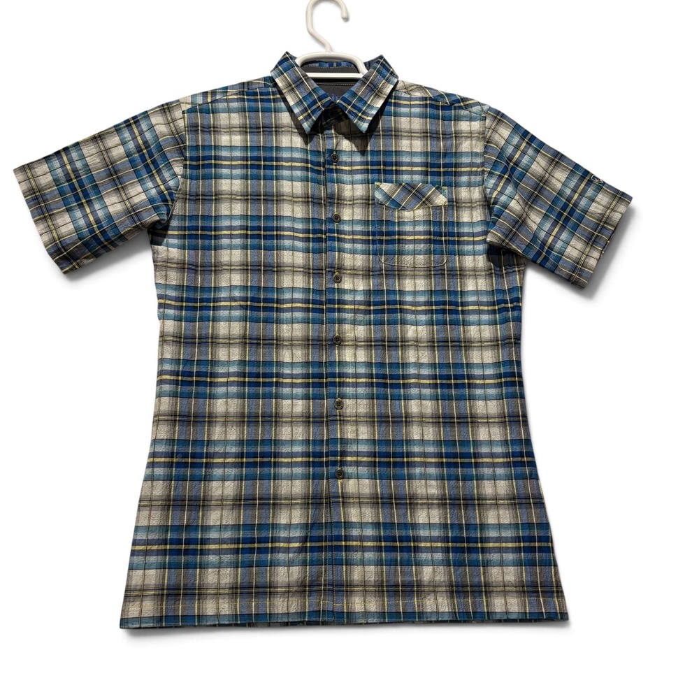 Kuhl Women's Size XL Blue Yellow Plaid Short Sleeve Button Down Hiking Shirt